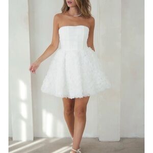 White Organza Draped Rosettte Off Shoulder Mini